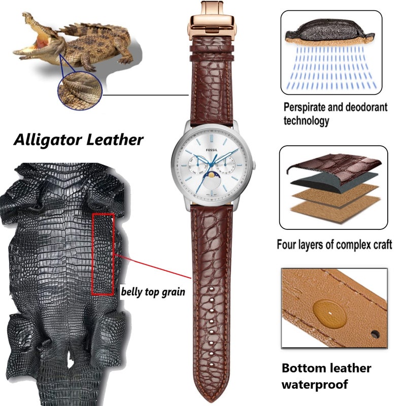 MORANO Moran Alligator Leather Watch Band Replacement Deployment Butterfly Buckle 18mm 19mm 20mm 21mm 22mm 23mm 24mm Crocodile Watch strap for Men and Women (Alligator Brown-Rose Gold Buckle, 22mm) - Image 4